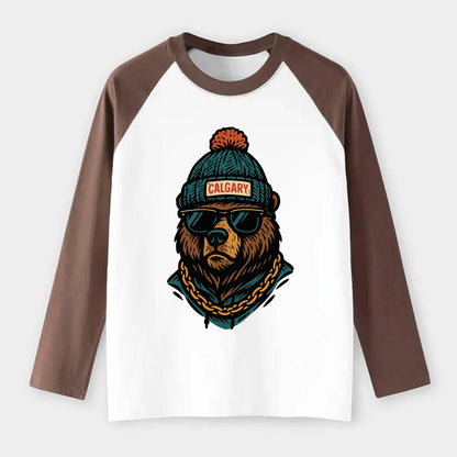 Calgary Grizzly Bear wearing Calgary beanie with pom pom and wayfarer - Raglan Long Sleeve T-Shirt - Coffee