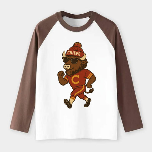KC Bison wearing Chiefs beanie with arrowhead patch and wayfarer - Raglan Long Sleeve T-Shirt