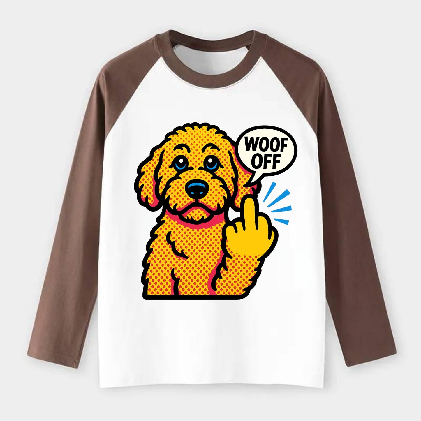 Goldendoodle with teddy bear face and curly golden coat, friendly paw - Raglan Long Sleeve T-Shirt - Coffee
