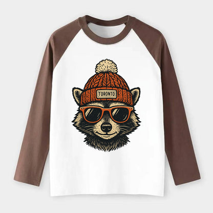 Toronto Raccoon wearing Toronto beanie with pom pom and wayfarer - Raglan Long Sleeve T-Shirt - Coffee