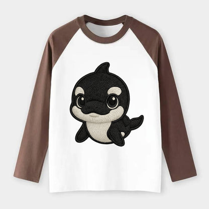 Baby Orca - black and white pattern, white eye patch, front-facing, - Raglan Long Sleeve T-Shirt - Coffee
