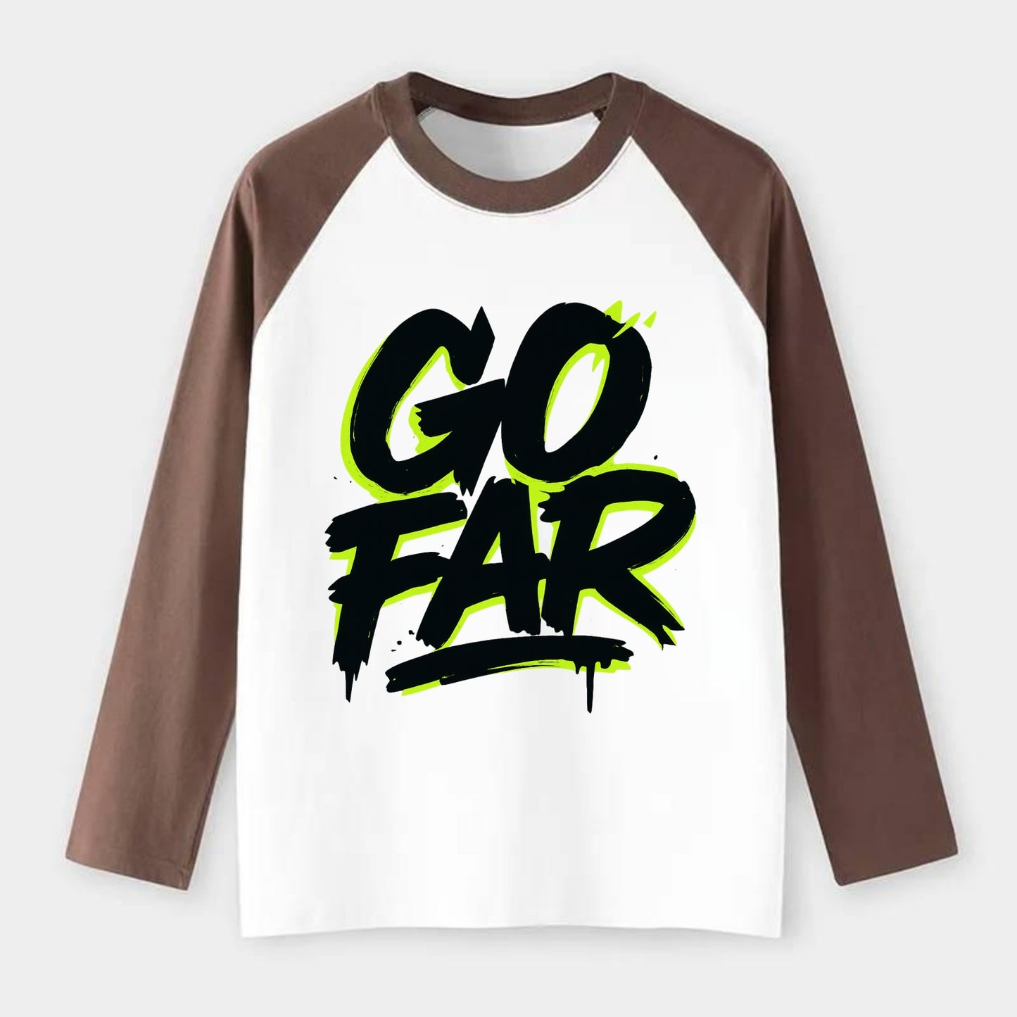 Bold typography design - "GO FAR" - distance goals, pushing limits - Raglan Long Sleeve T-Shirt - Coffee