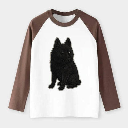 Schipperke - Solid black small embroidered sitting pose - Raglan Long Sleeve T-Shirt - Coffee