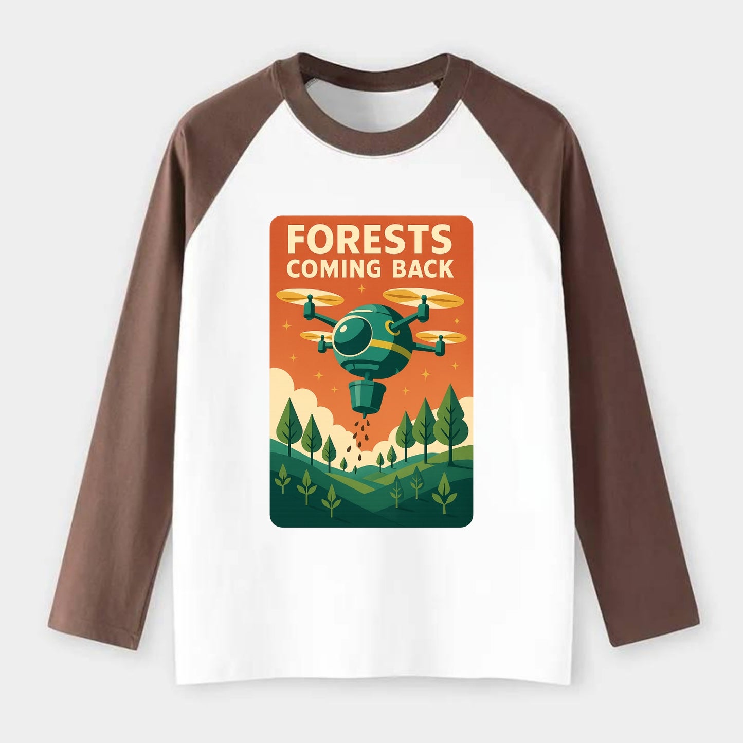 Reforestation drone planting millions of trees - "Forests Coming Back" - Raglan Long Sleeve T-Shirt - Coffee