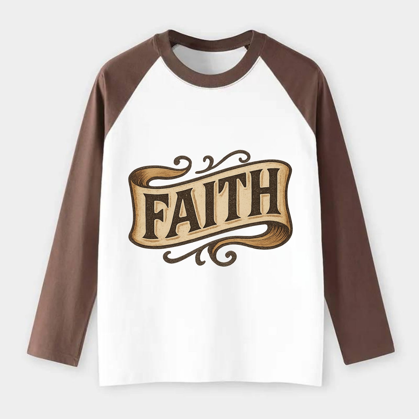 Bold typography design - "FAITH" - trust in the unseen, spiritual - Raglan Long Sleeve T-Shirt - Coffee