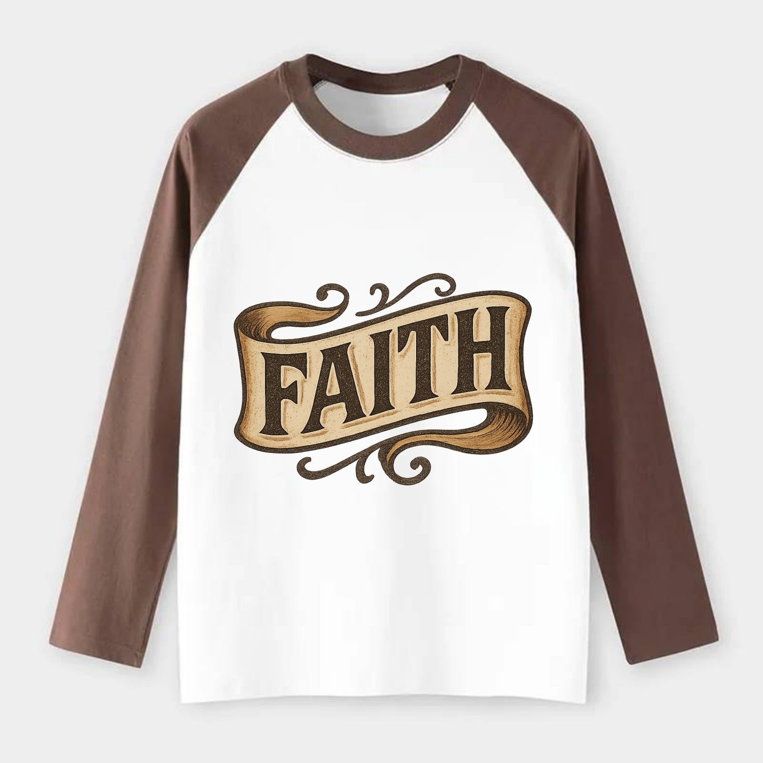 Bold typography design - "FAITH" - trust in the unseen, spiritual - Raglan Long Sleeve T-Shirt - Coffee