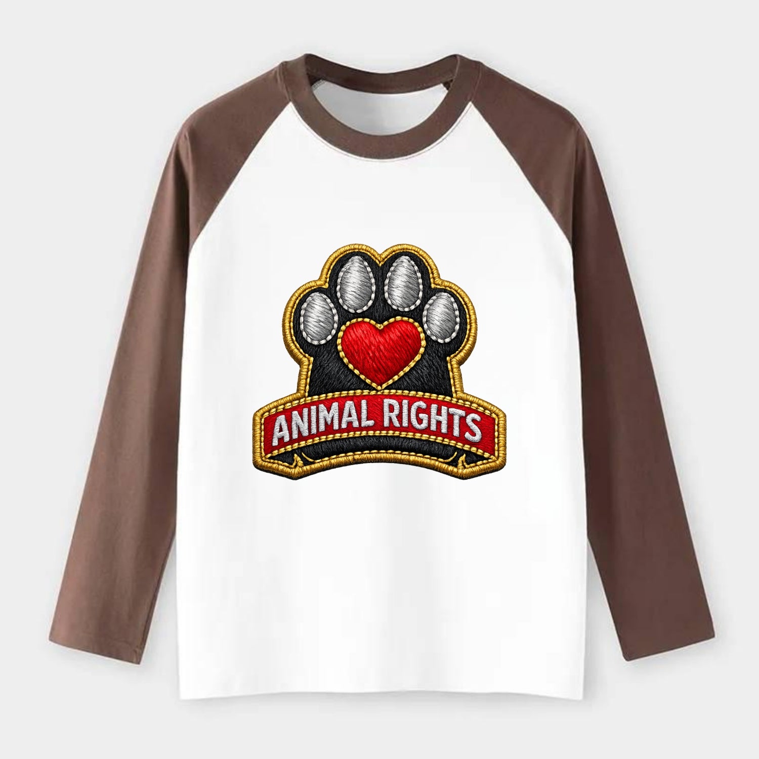 ANIMAL RIGHTS - raised paw with heart in red , advocacy - Raglan Long Sleeve T-Shirt - Coffee