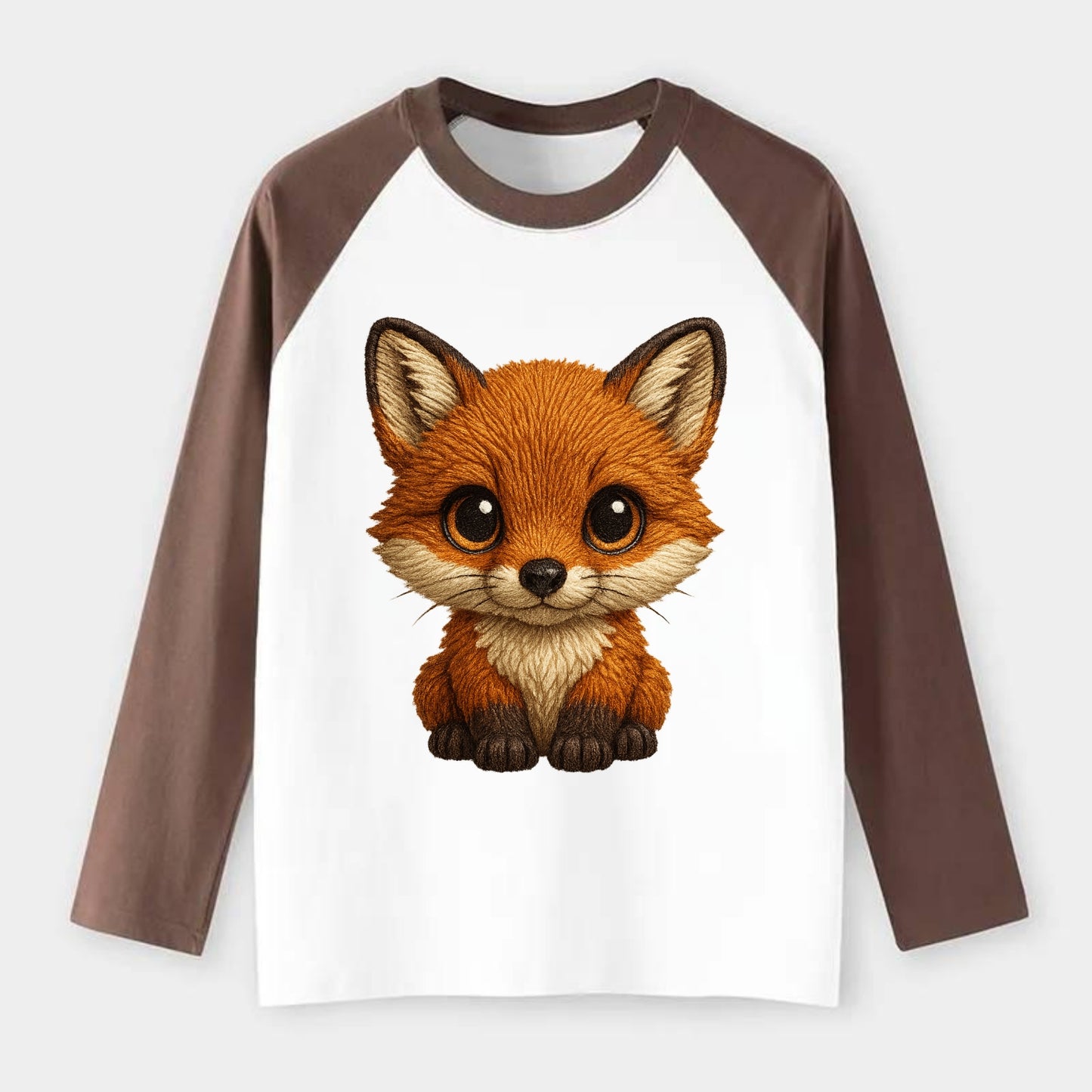 Baby Red Fox - russet fur, white chest, big amber eyes, perky ears, - Raglan Long Sleeve T-Shirt - Coffee
