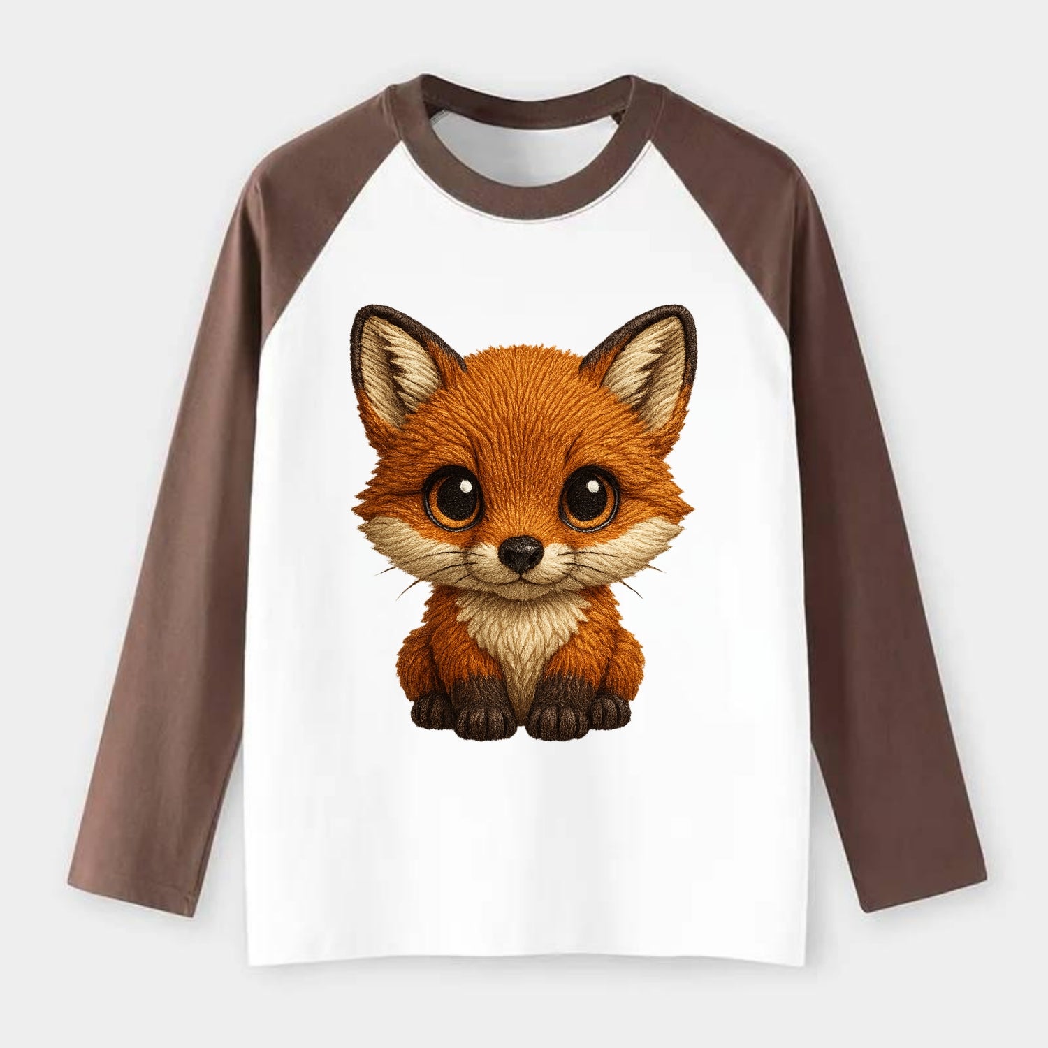 Baby Red Fox - russet fur, white chest, big amber eyes, perky ears, - Raglan Long Sleeve T-Shirt - Coffee