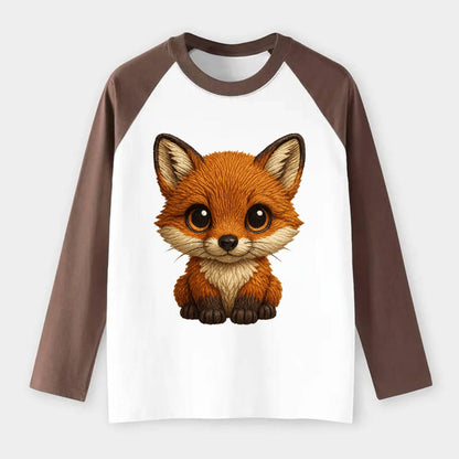 Baby Red Fox - russet fur, white chest, big amber eyes, perky ears, - Raglan Long Sleeve T-Shirt - Coffee