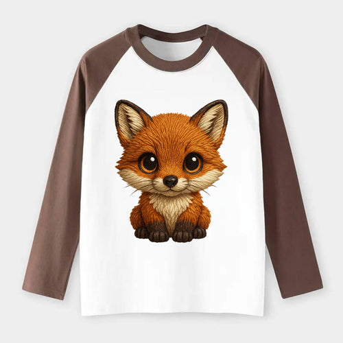 Baby Red Fox - russet fur, white chest, big amber eyes, perky ears, - Raglan Long Sleeve T-Shirt
