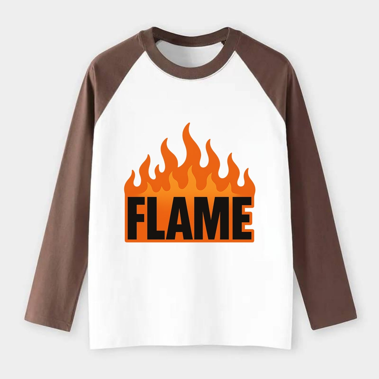 Bold typography design - "FLAME" - burning bright, passionate - Raglan Long Sleeve T-Shirt - Coffee
