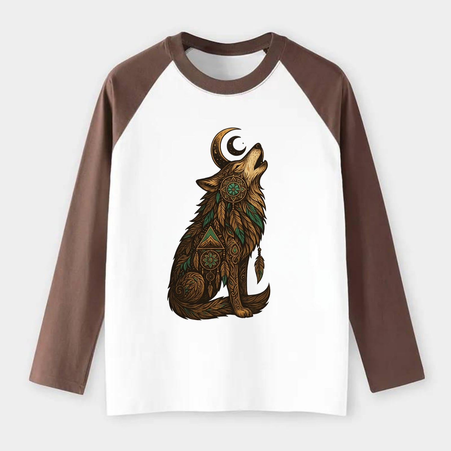 Celestial Moon Wolf  - Raglan Long Sleeve T-Shirt - Coffee