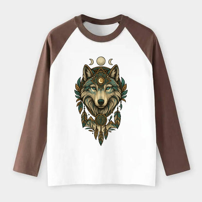 Pearl Wolf Shimmer  - Raglan Long Sleeve T-Shirt - Coffee