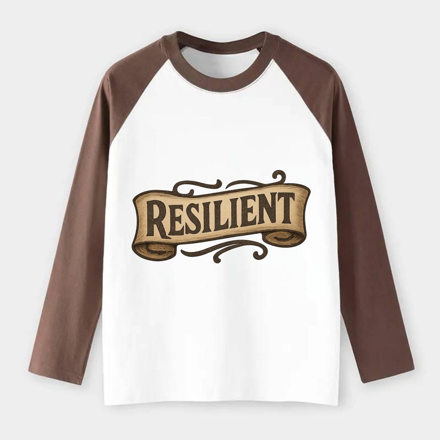 Bold typography design - "RESILIENT" - bouncing back, unbreakable - Raglan Long Sleeve T-Shirt - Coffee