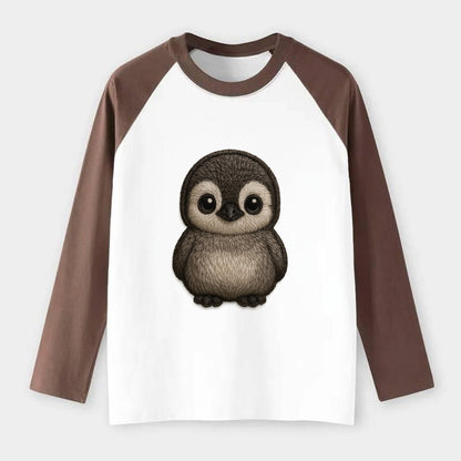 Baby Penguin Chick - gray fluffy, white face, round body, - Raglan Long Sleeve T-Shirt - Coffee