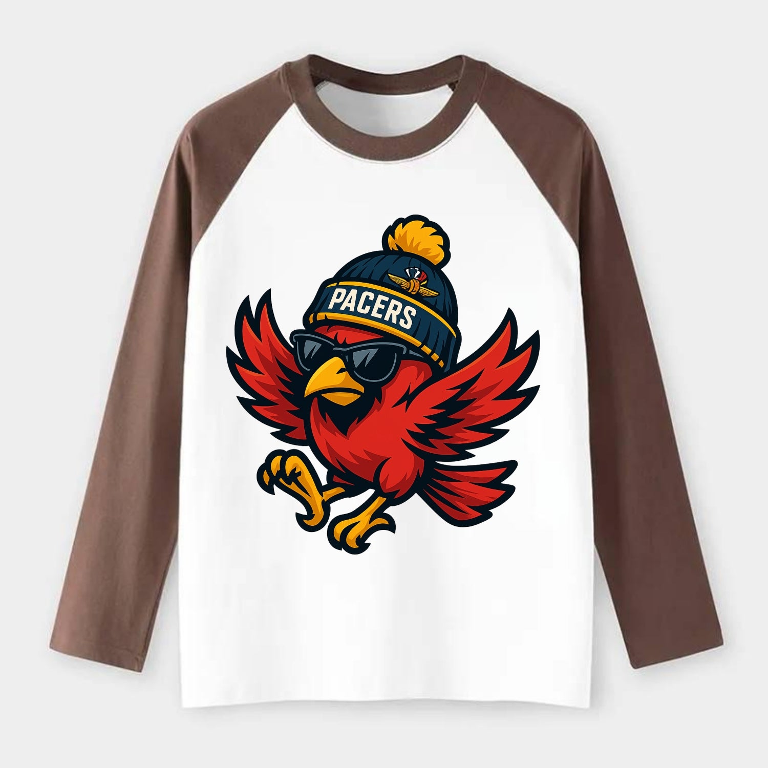 Indiana Cardinal wearing Pacers beanie with speedway patch and - Raglan Long Sleeve T-Shirt - Coffee
