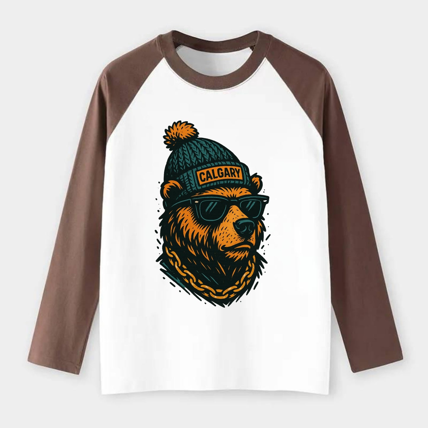 Calgary Grizzly Bear wearing Calgary bea - Raglan Long Sleeve T-Shirt - Coffee
