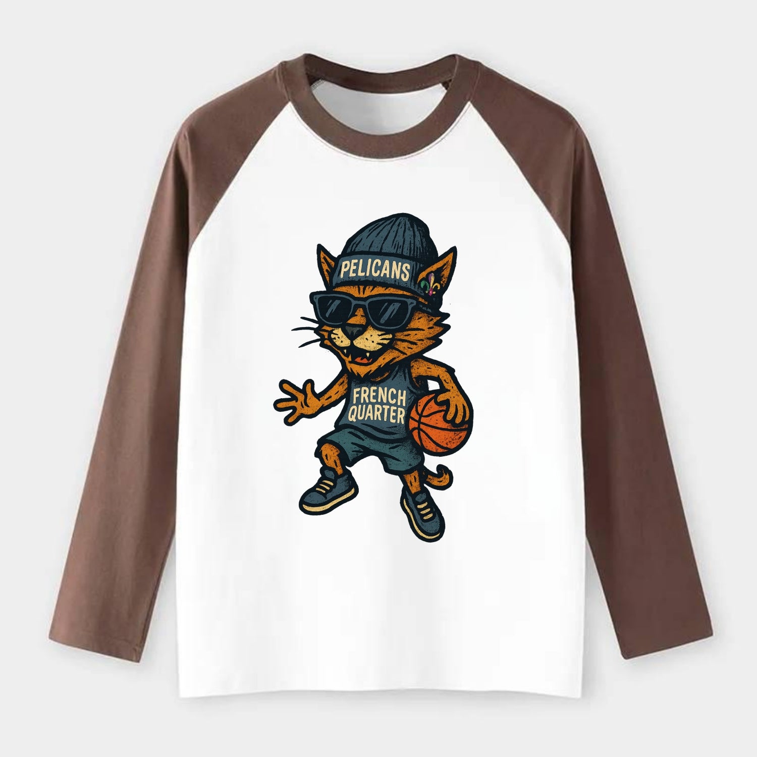 French Quarter Cat wearing Pelicans beanie with Mardi Gras patch and - Raglan Long Sleeve T-Shirt - Coffee