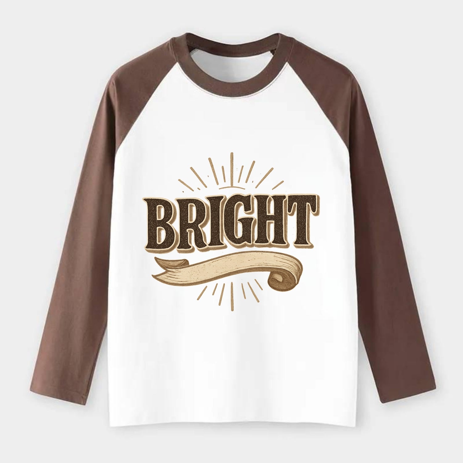 Bold typography design - "BRIGHT" - intelligent, shining - Raglan Long Sleeve T-Shirt - Coffee