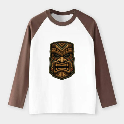 TIKI MASK - carved totem in brown and red , Polynesian - Raglan Long Sleeve T-Shirt - Coffee