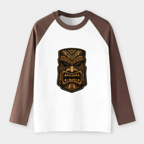 TIKI MASK - carved totem in brown and red , Polynesian - Raglan Long Sleeve T-Shirt