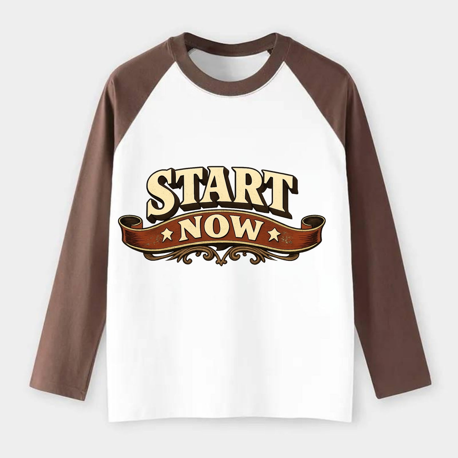 Bold typography design - "START NOW" - begin immediately, no delay - Raglan Long Sleeve T-Shirt - Coffee