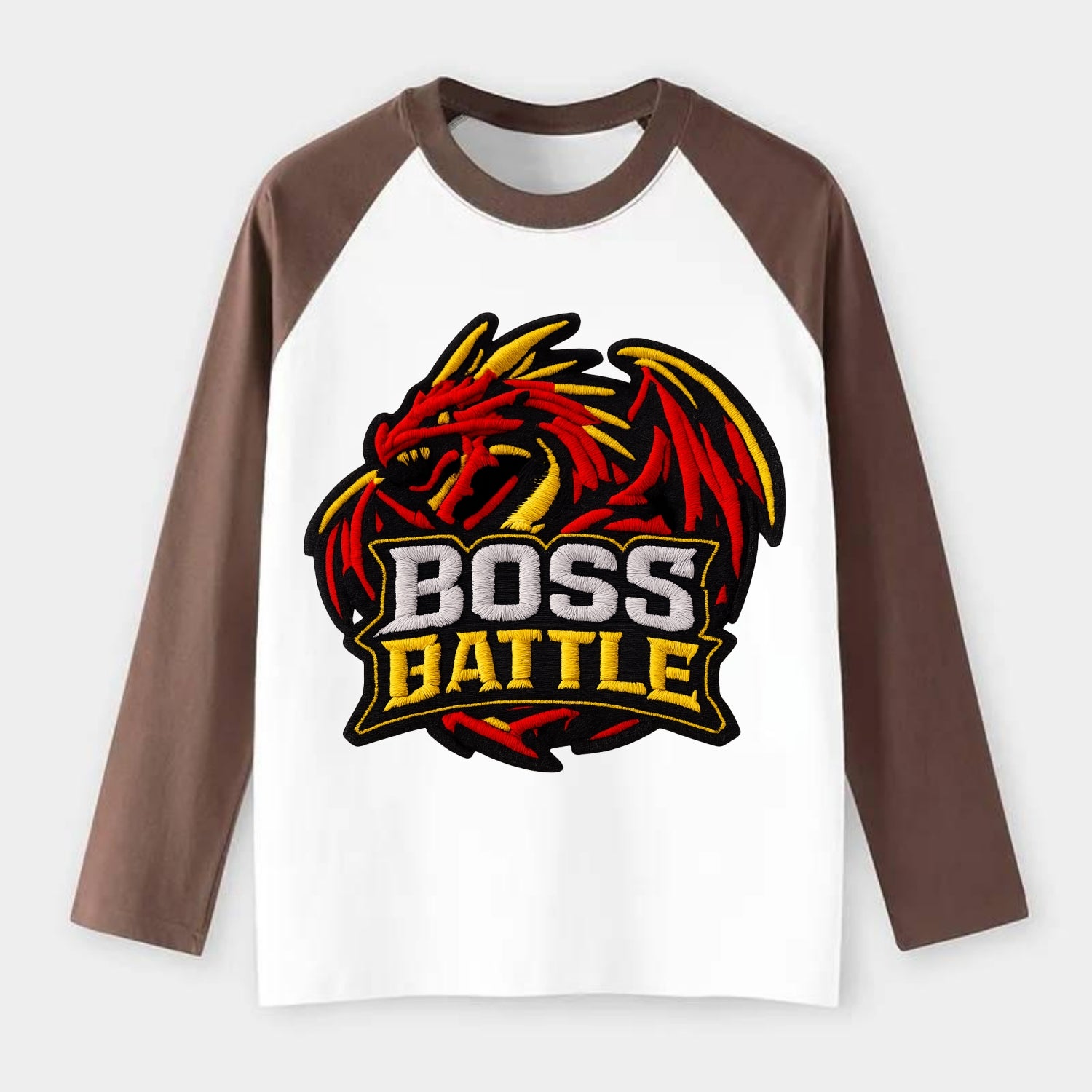 BOSS BATTLE - dragon silhouette in red and gold , raid - Raglan Long Sleeve T-Shirt - Coffee