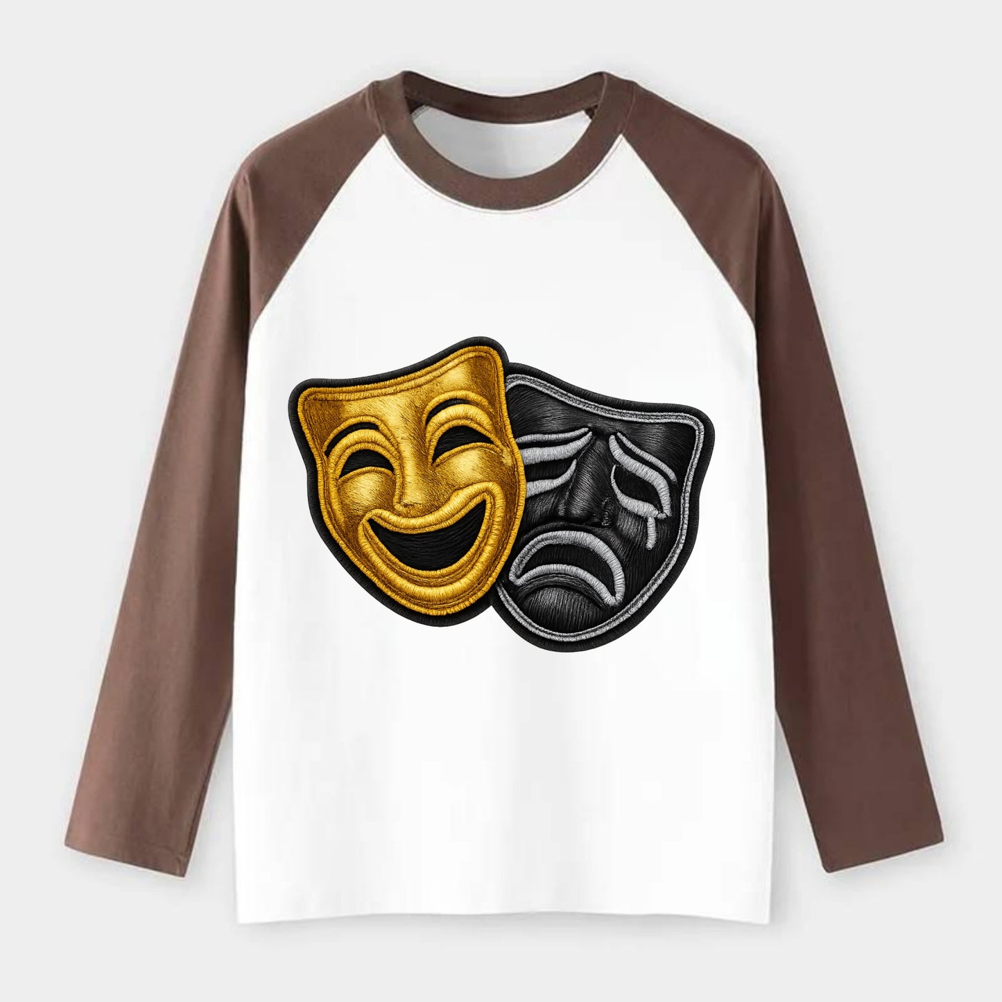 BROADWAY MASKS - comedy tragedy masks in gold and black , theater - Raglan Long Sleeve T-Shirt - Coffee