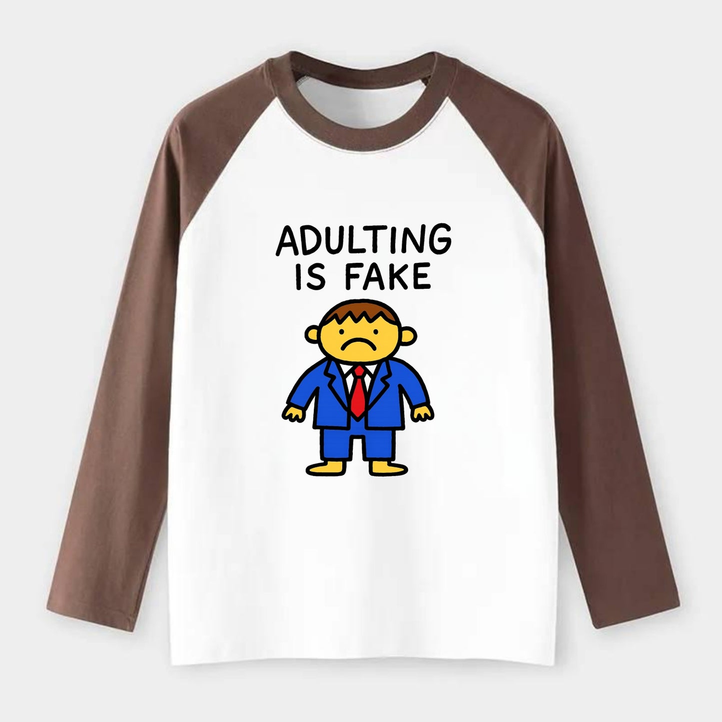 ADULTING IS FAKE | Child in suit pretending - Raglan Long Sleeve T-Shirt - Coffee