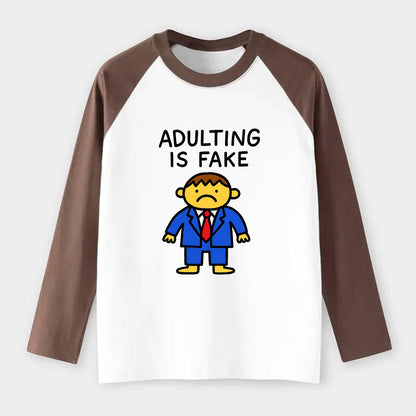 ADULTING IS FAKE | Child in suit pretending - Raglan Long Sleeve T-Shirt - Coffee