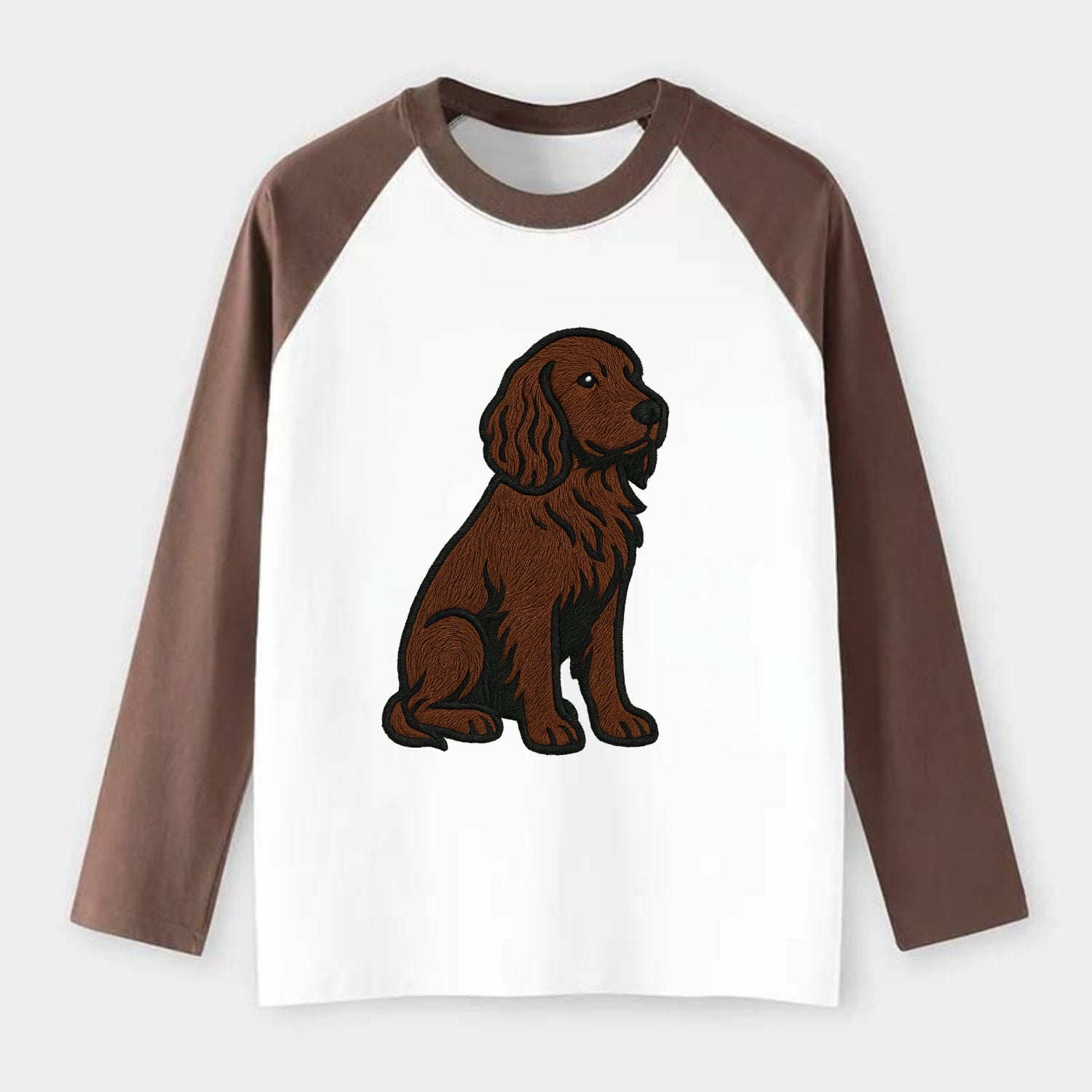 Field Spaniel - Liver colored embroidered sitting design - Raglan Long Sleeve T-Shirt - Coffee