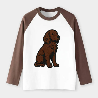 Field Spaniel - Liver colored embroidered sitting design - Raglan Long Sleeve T-Shirt - Coffee