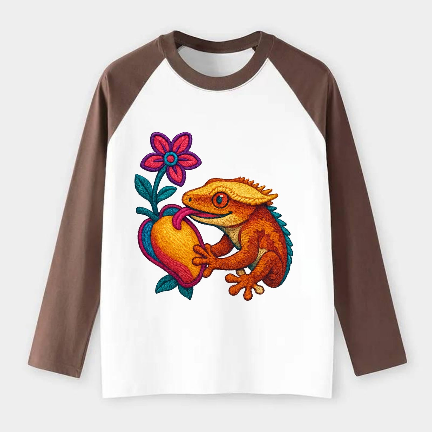 Crested Gecko - Raglan Long Sleeve T-Shirt - Coffee