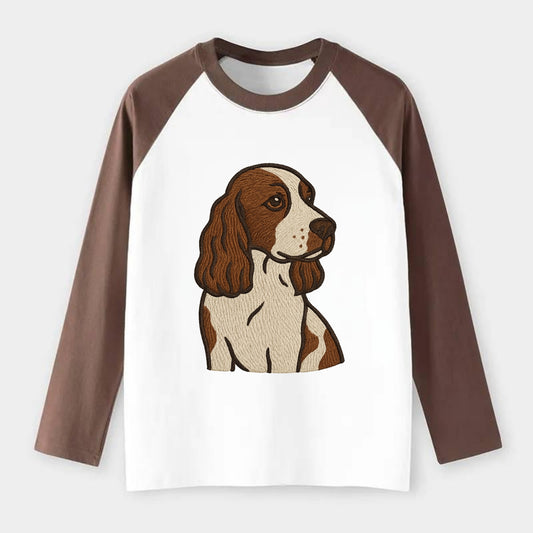 English Cocker Spaniel - Liver and white embroidered design - Raglan Long Sleeve T-Shirt - Coffee
