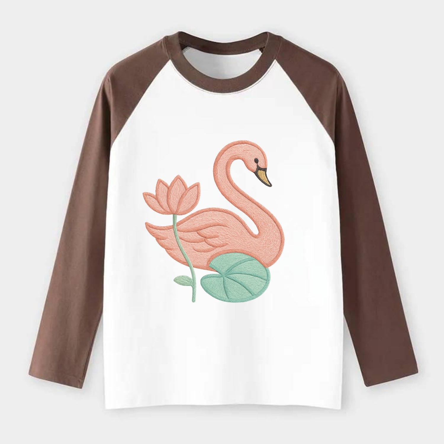 Coral Swan - Raglan Long Sleeve T-Shirt - Coffee