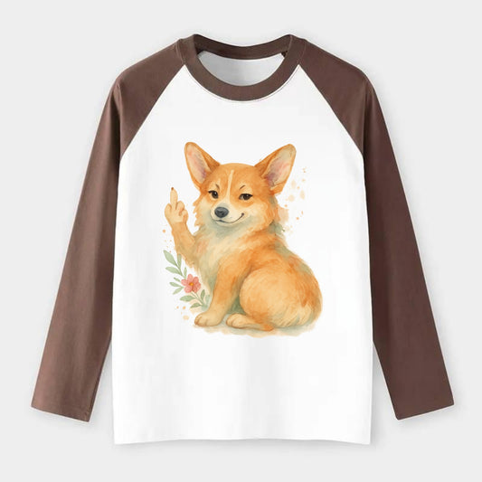 Corgi short legs and fluffy butt, one stubby paw up with sass - Raglan Long Sleeve T-Shirt - Coffee