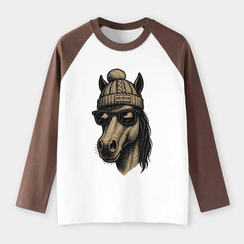 Vermont Morgan Horse wearing Burlington beanie with pom pom and - Raglan Long Sleeve T-Shirt