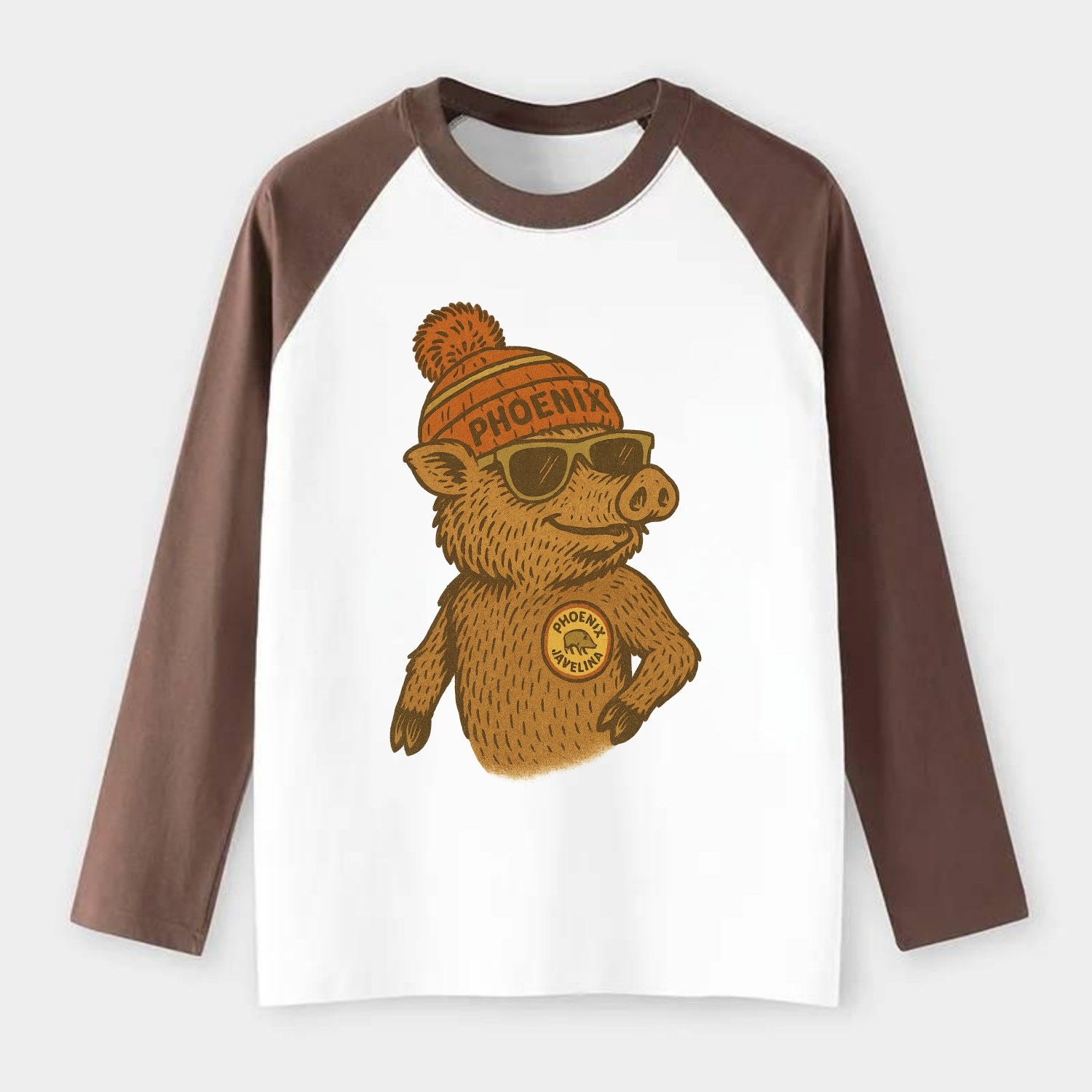 Phoenix Javelina wearing Phoenix beanie with pom pom and wayfarer - Raglan Long Sleeve T-Shirt - Coffee