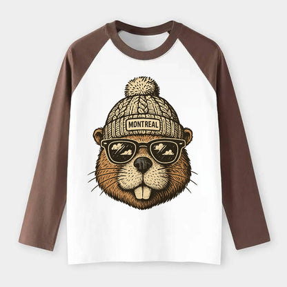 Montreal Beaver wearing Montreal beanie - Raglan Long Sleeve T-Shirt - Coffee