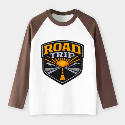 ROAD TRIP - highway and sun in orange and gray , open road - Raglan Long Sleeve T-Shirt - Coffee