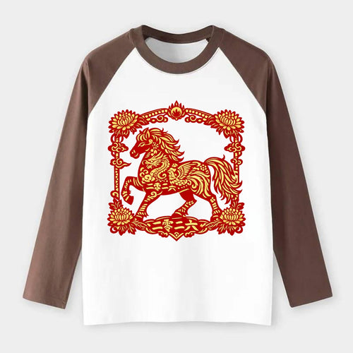 HORSE | Silk style horse design | Gold and silver thread appearance | - Raglan Long Sleeve T-Shirt