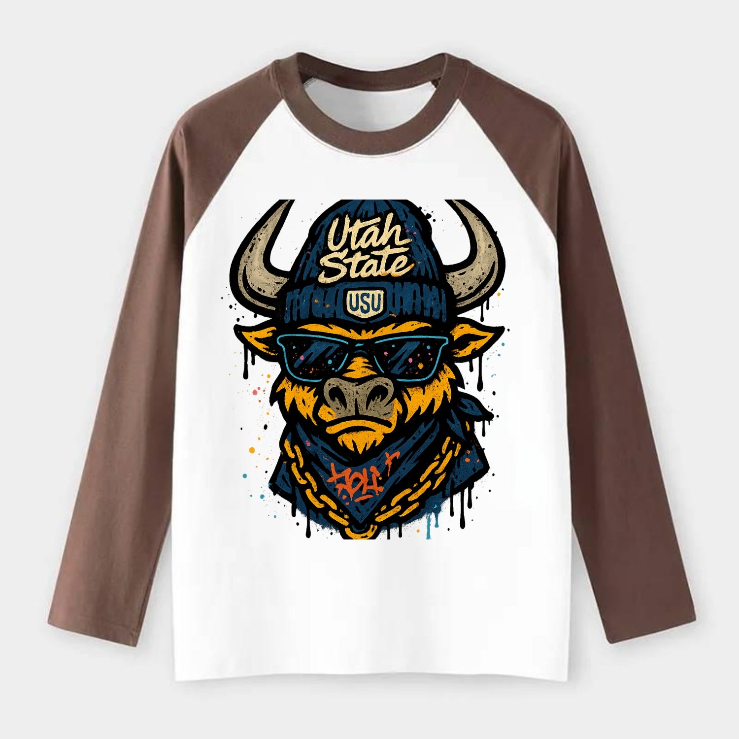 Logan Aggie wearing Utah State beanie with USU patch - Raglan Long Sleeve T-Shirt - Coffee