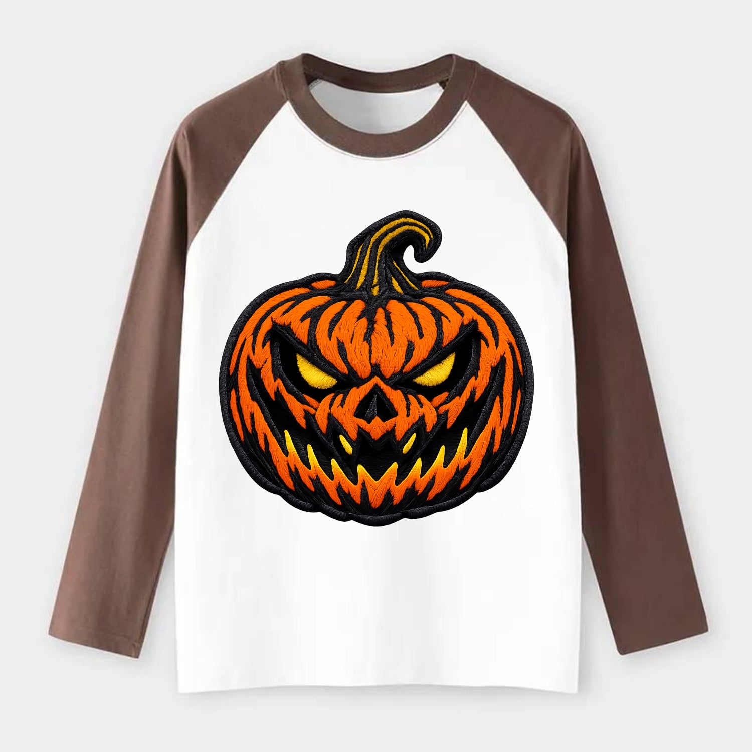 HALLOWEEN PUMPKIN - jack o lantern in orange and black , spooky - Raglan Long Sleeve T-Shirt - Coffee