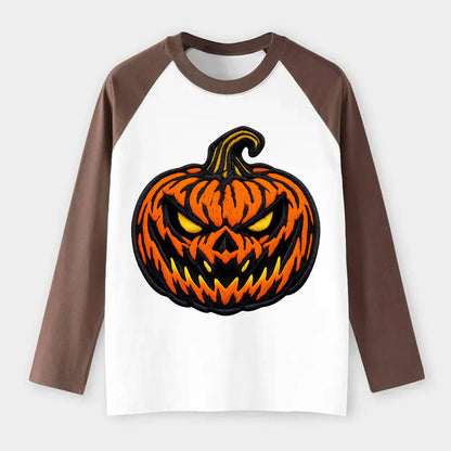 HALLOWEEN PUMPKIN - jack o lantern in orange and black , spooky - Raglan Long Sleeve T-Shirt - Coffee