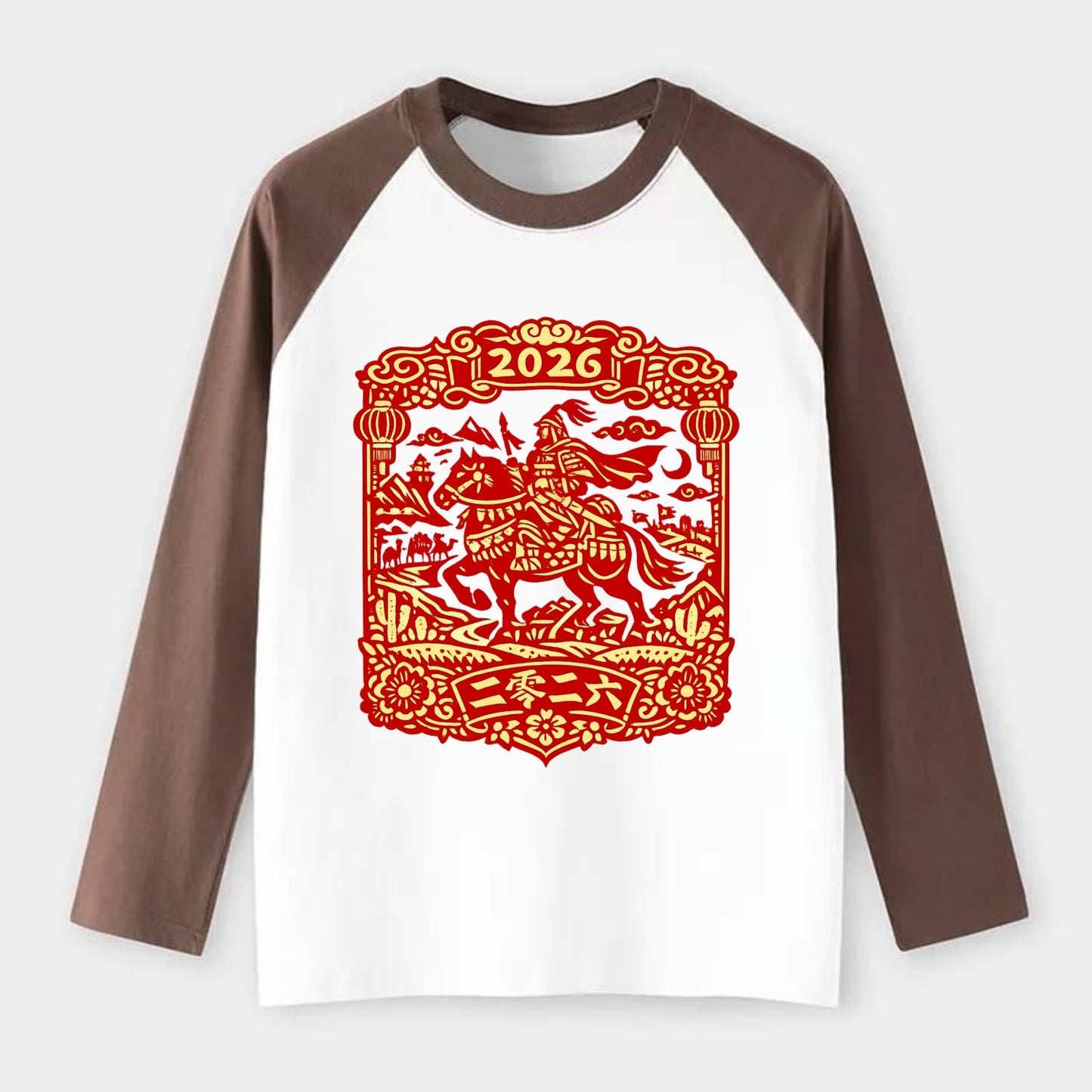 HORSE AND RIDER | Traditional Chinese warrior on horseback | Silk Road - Raglan Long Sleeve T-Shirt - Coffee