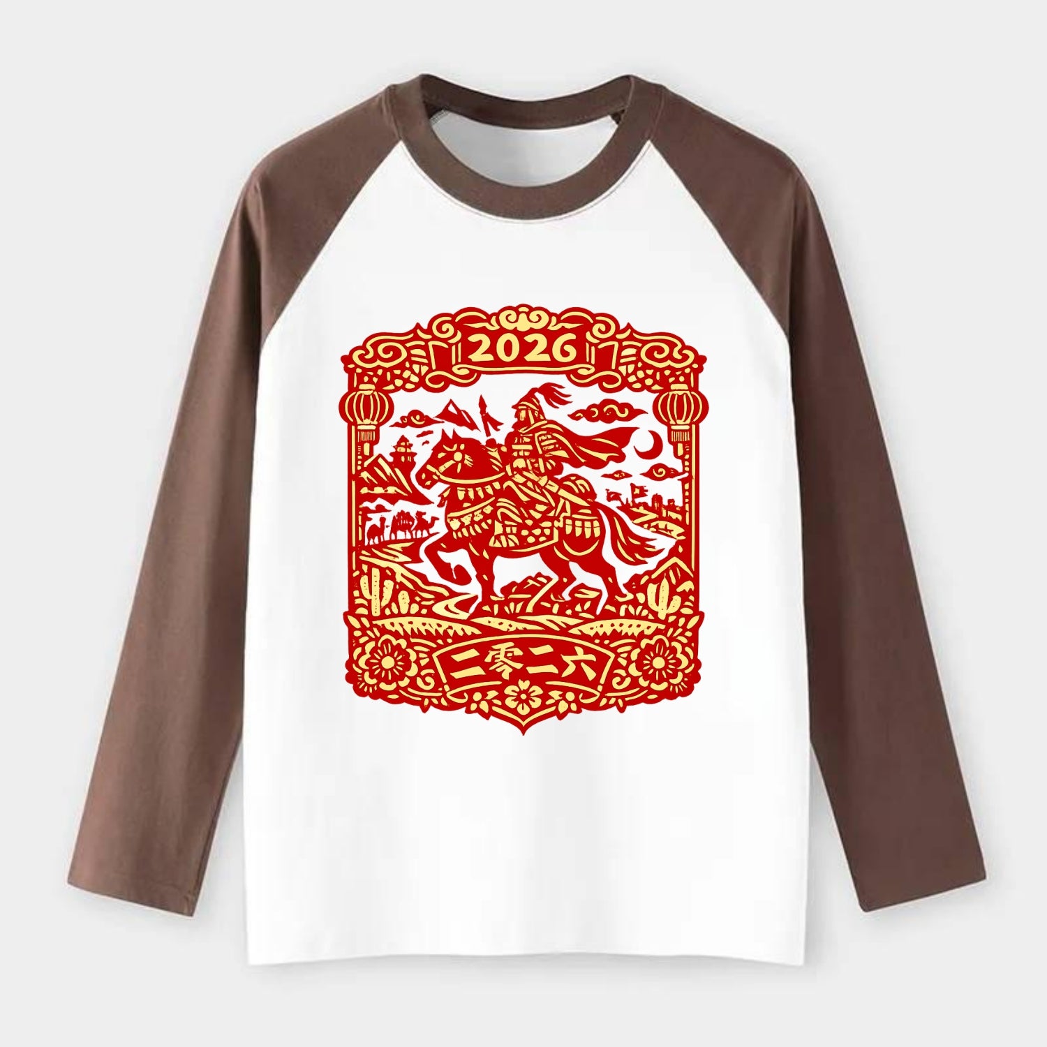 HORSE AND RIDER | Traditional Chinese warrior on horseback | Silk Road - Raglan Long Sleeve T-Shirt - Coffee