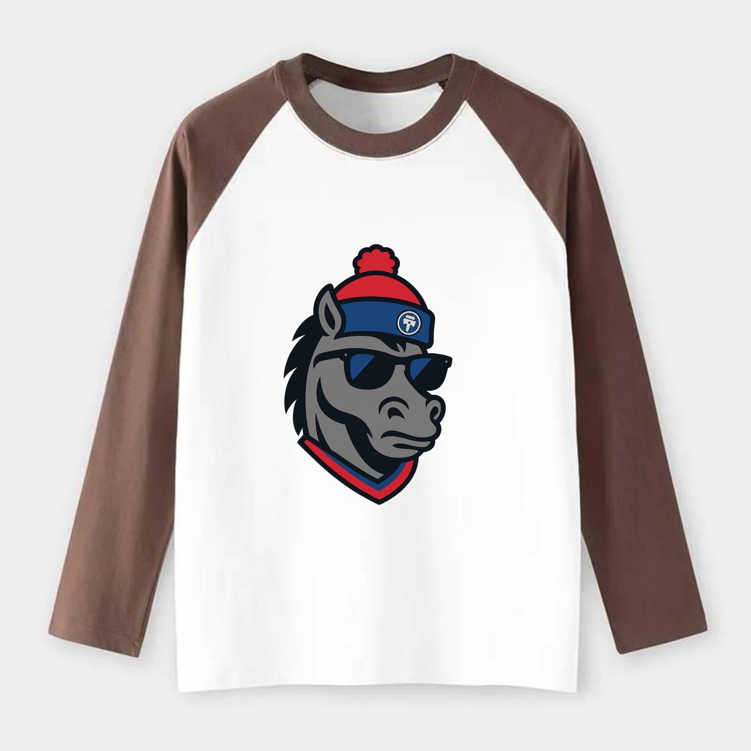 Detroit Stallion wearing Pistons red and blue beanie with piston patch - Raglan Long Sleeve T-Shirt - Coffee