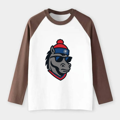 Detroit Stallion wearing Pistons red and blue beanie with piston patch - Raglan Long Sleeve T-Shirt - Coffee