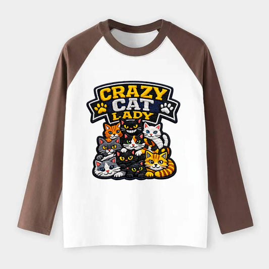 CRAZY CAT LADY - cat pile in multicolor , cat collector - Raglan Long Sleeve T-Shirt - Coffee